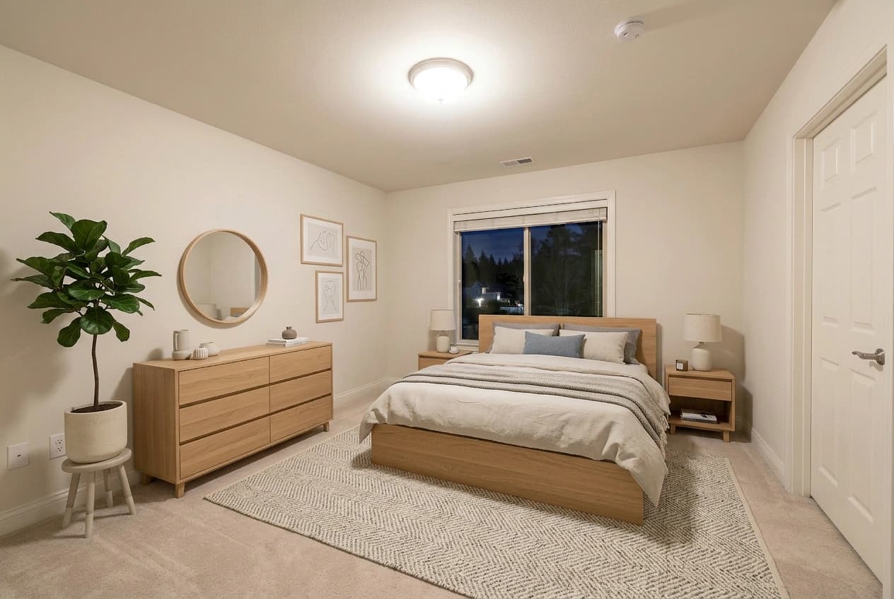 Virtually staged Scandinavian bedroom by Desiome