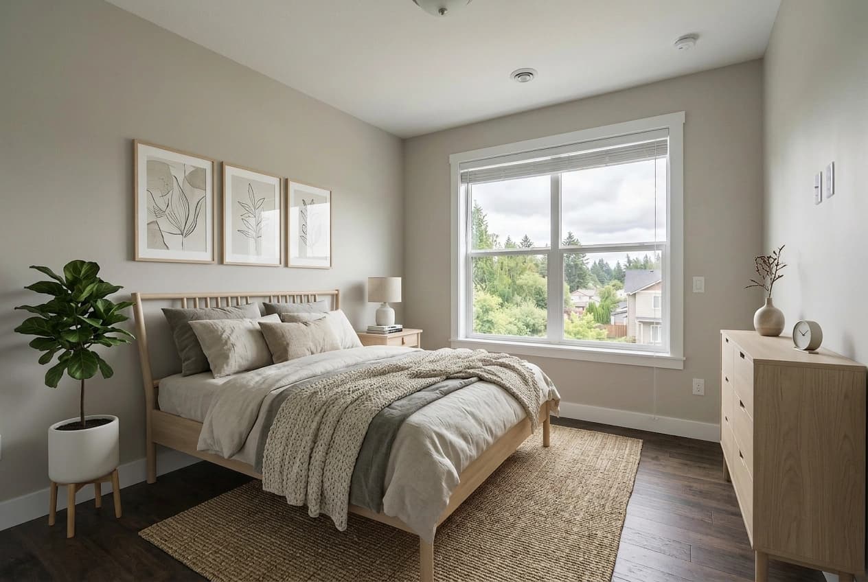 Virtually staged Scandinavian bedroom by Desiome