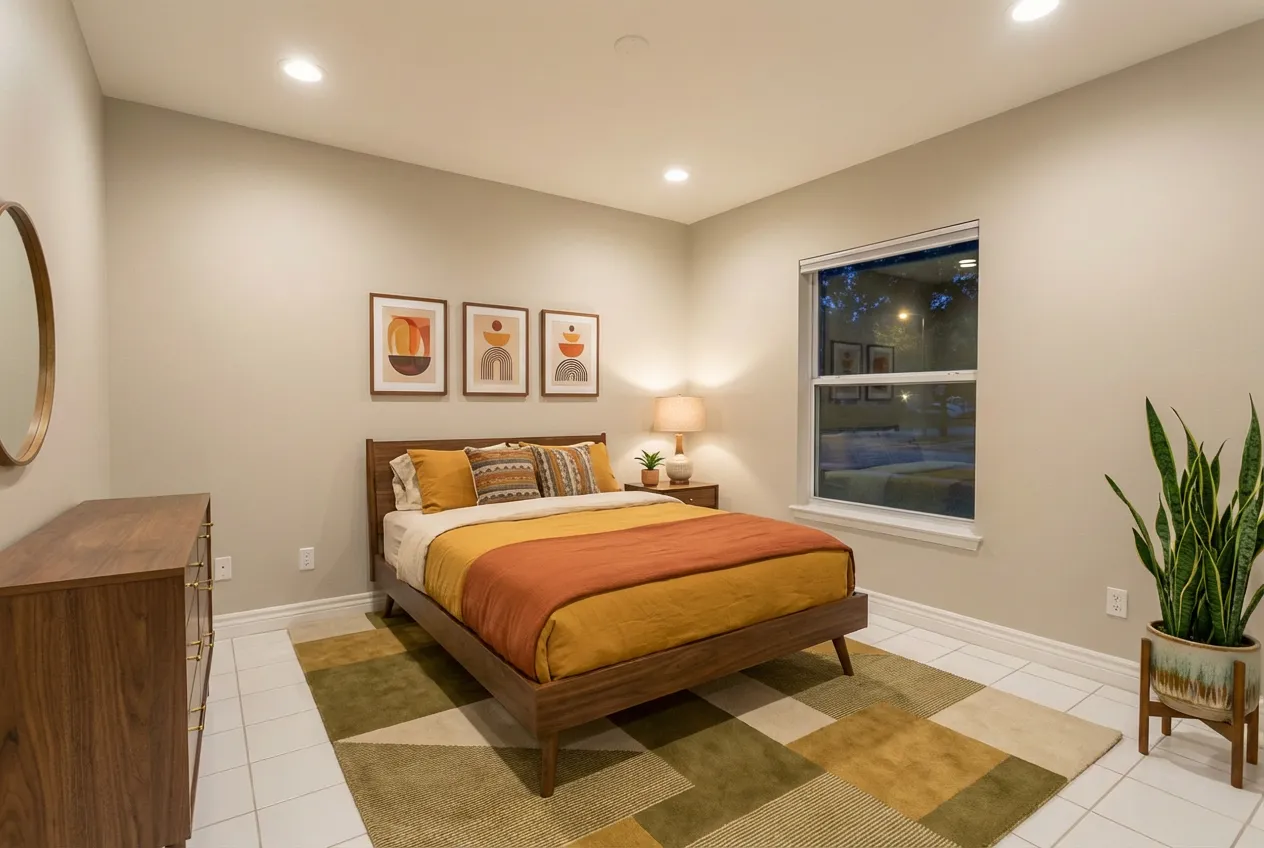 Virtually staged mid-century bedroom by Desiome