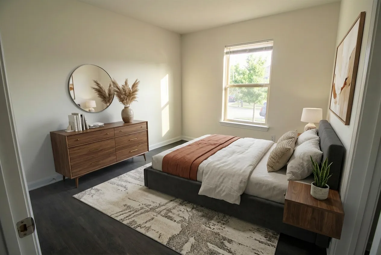 Virtually staged modern bedroom by Desiome