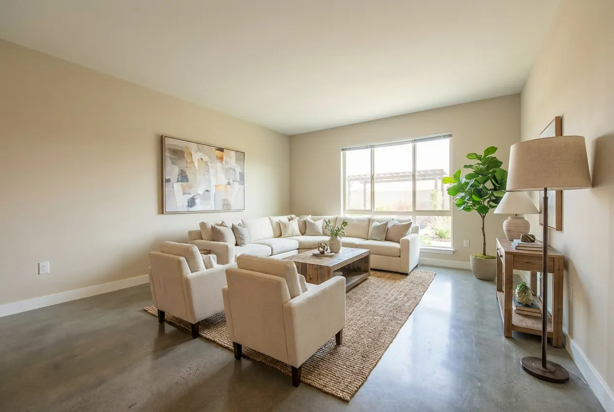 Virtually staged standard living room by Desiome