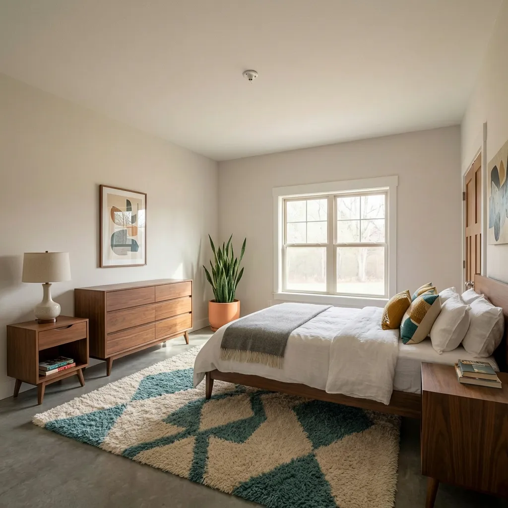 Virtually staged mid-century bedroom by Desiome